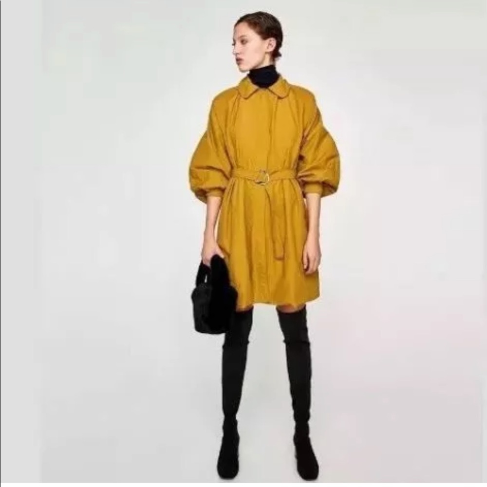 Zara Mustard Yellow Balloon Sleeves Water Repellent Trench Coat Raincoat XS NWT